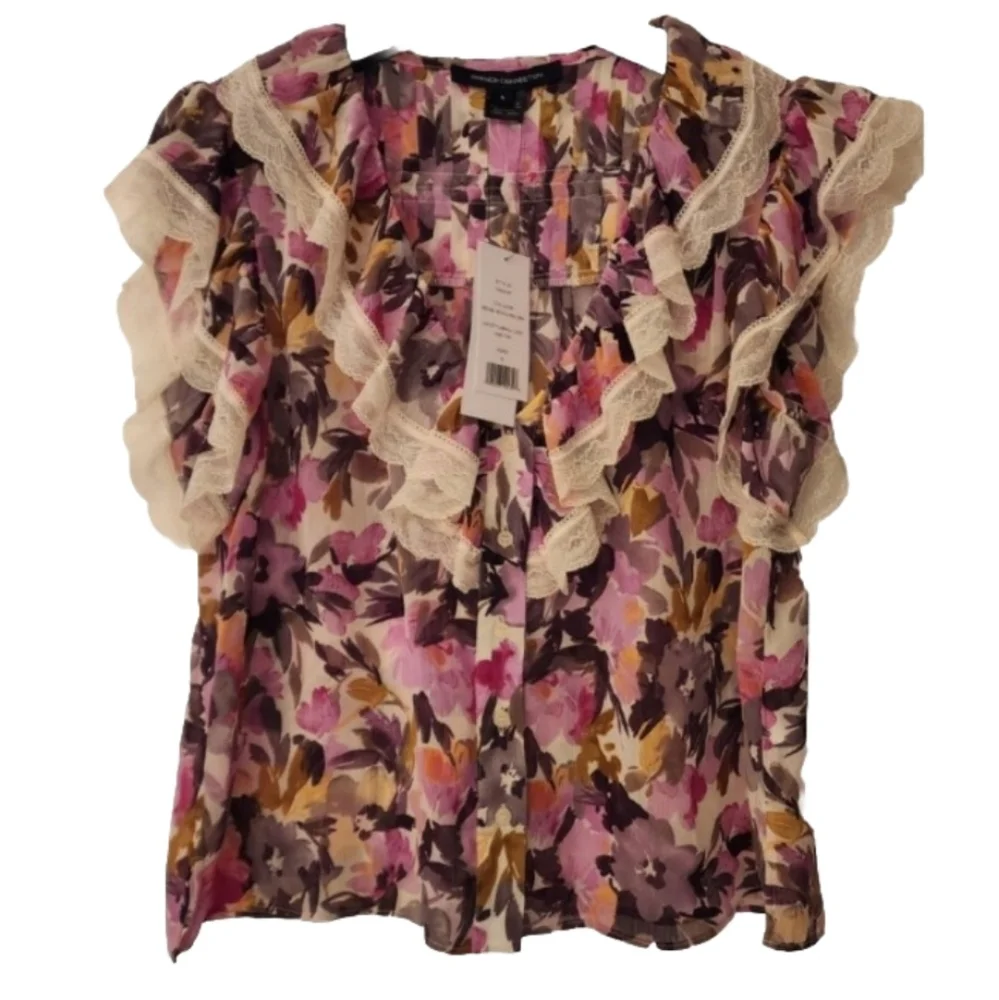 French Connection women's Catlett Crinkle Ruffle Trim Top Orchid Bouquet Small